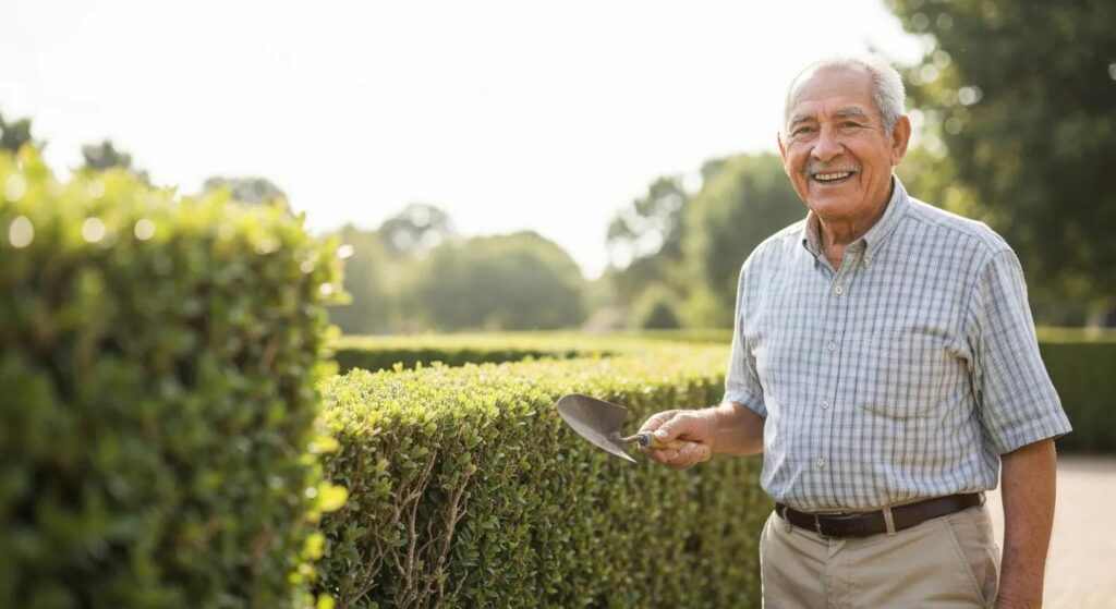 Smiling elderly man holding a trowel, standing beside neatly trimmed hedges in a landscaped garden, emphasizing landscaping and gardening practices.